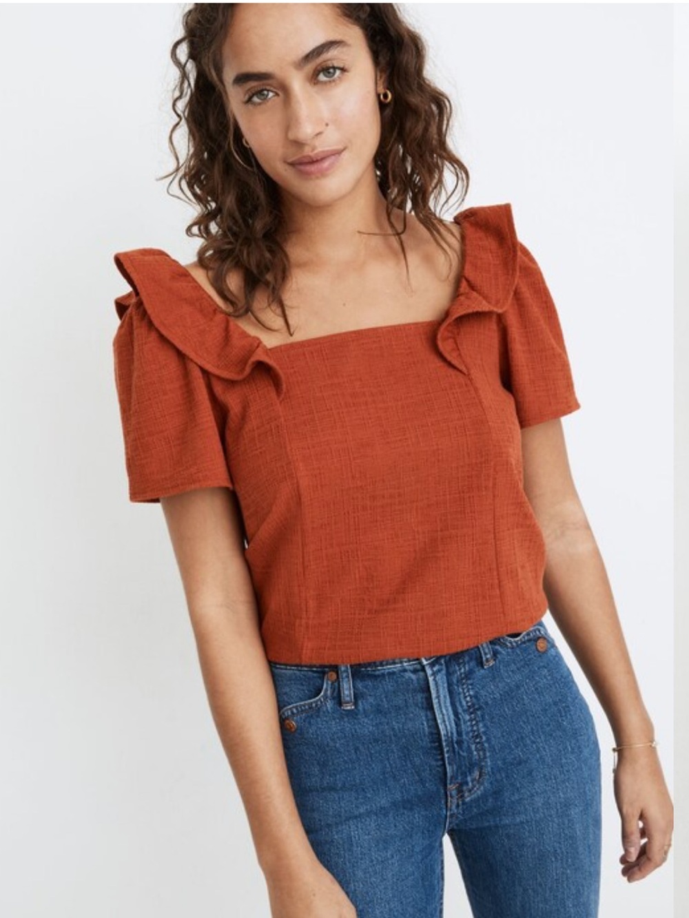 EUC Madewell Crosshatch Ruffle Top - Rusty Torch